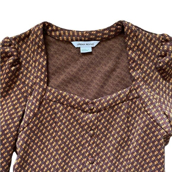 URBAN REVIVO Mini Dress Brown Yellow Pattern size Medium - Picture 4 of 5